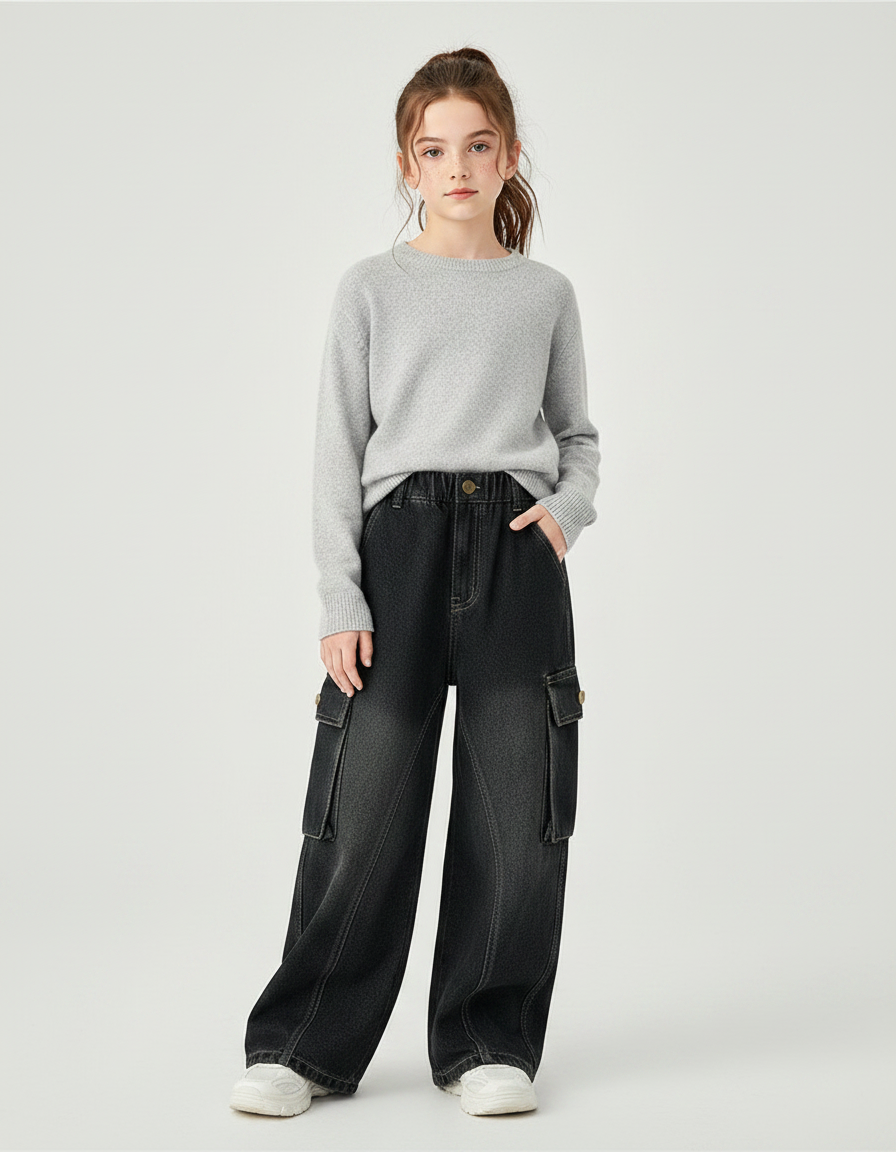 Pantalon Noir Ample Cargo Fille Décontracté Adolescent - Jean