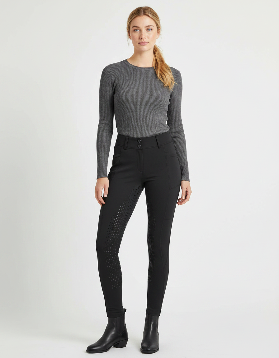 Pantalon Noir Équitation Respirant Adhérent Femme Sport - Polyester