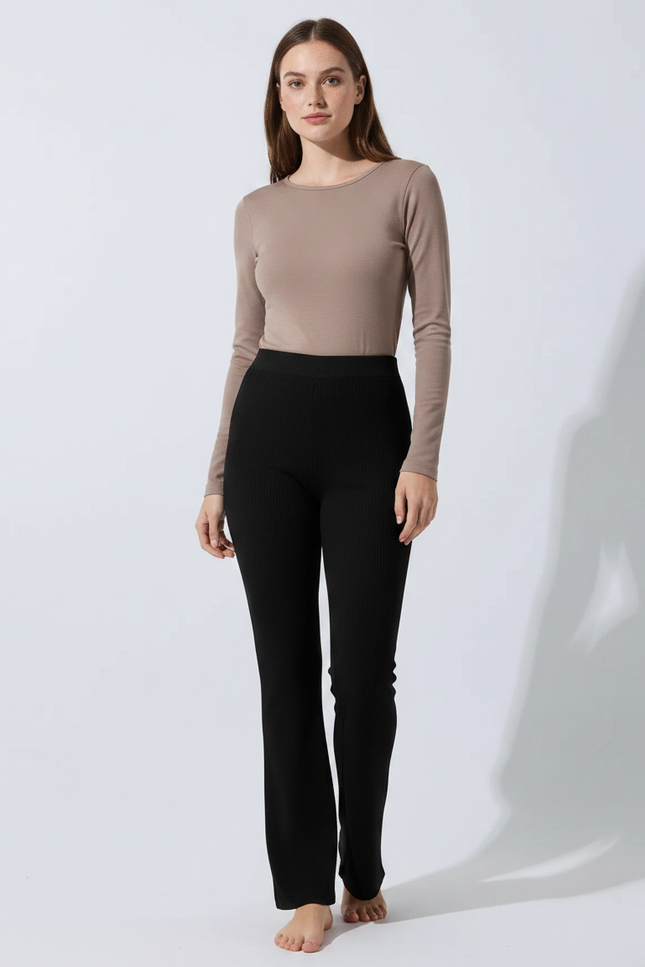 Pantalon Noir Côtelé Évasé Confortable Femme - Maille
