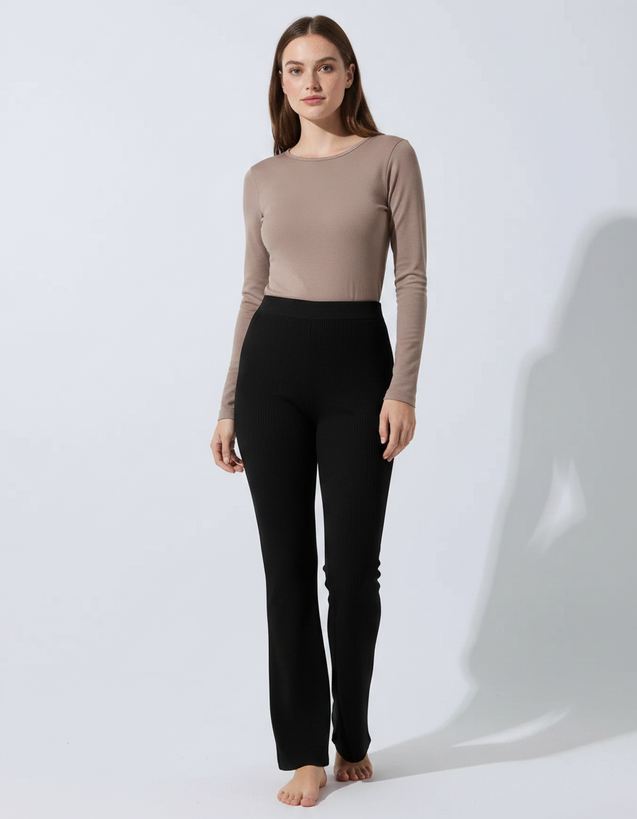 Pantalon Noir Côtelé Évasé Confortable Femme - Maille