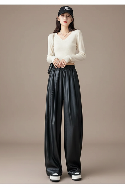 Pantalon Noir Similicuir Large Fluide Décontracté Femme - Simili cuir