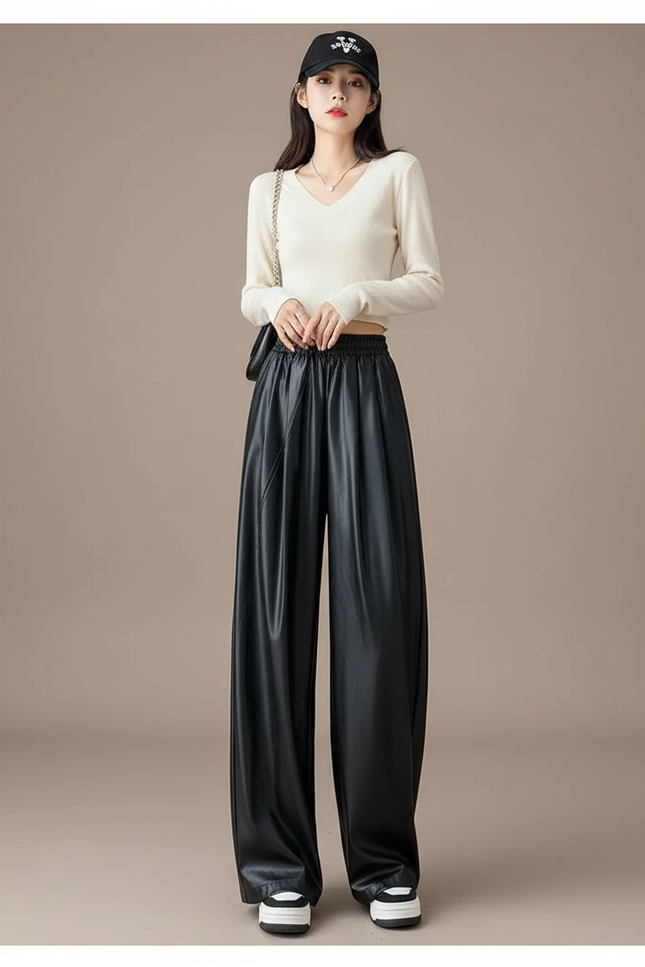 Pantalon Noir Similicuir Large Fluide Décontracté Femme - Simili cuir