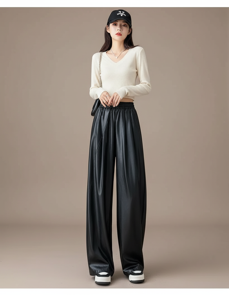 Pantalon Noir Similicuir Large Fluide Décontracté Femme - Simili cuir