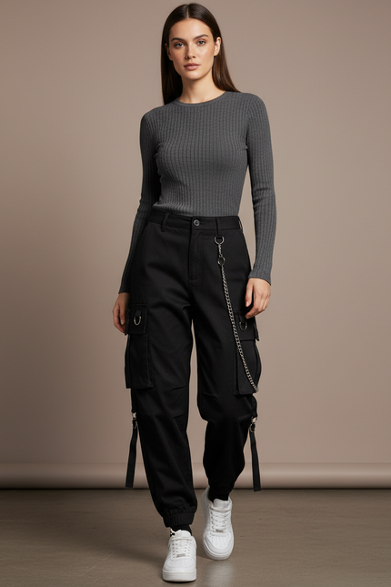 Pantalon Noir Cargo Ample Chaîne Punk Streetwear Femme - Coton