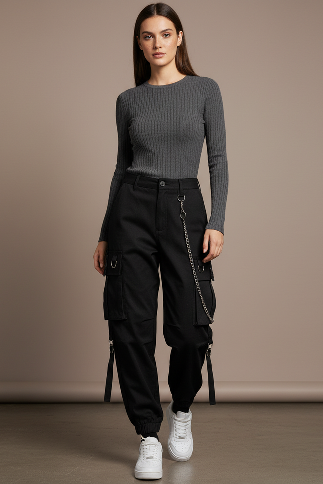 Pantalon Noir Cargo Ample Chaîne Punk Streetwear Femme - Coton