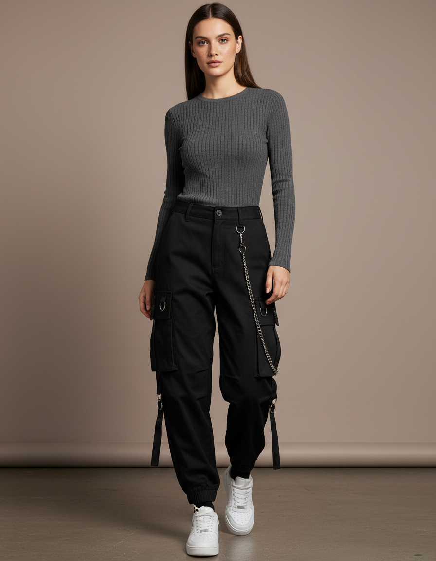 Pantalon Noir Cargo Ample Chaîne Punk Streetwear Femme - Coton