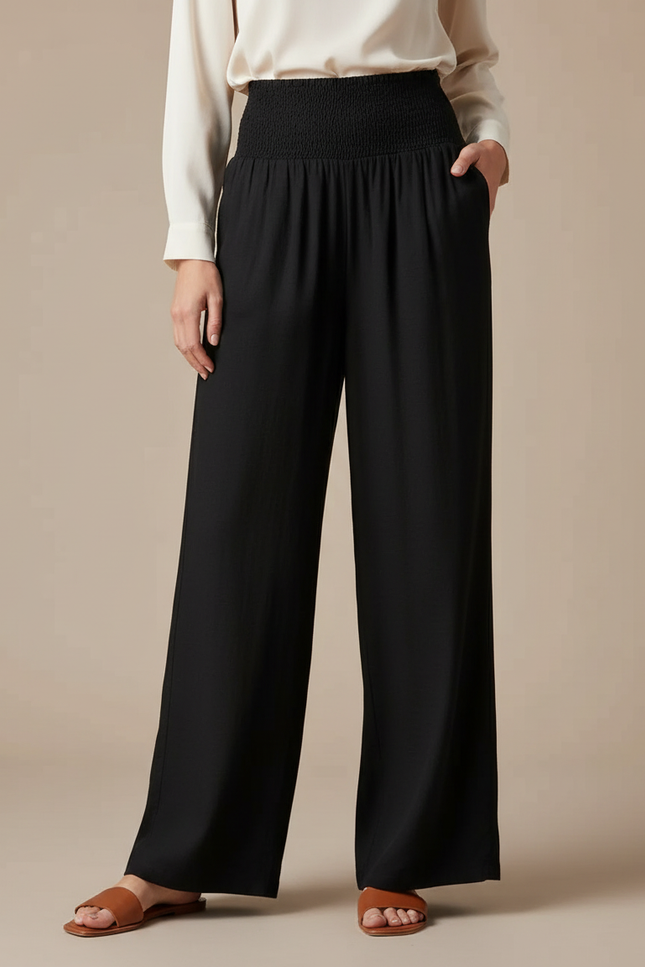 Pantalon Noir Ample Fluide Taille Haute Femme - Viscose