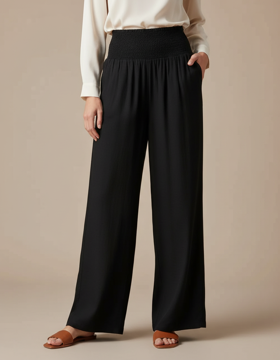 Pantalon Noir Ample Fluide Taille Haute Femme - Viscose