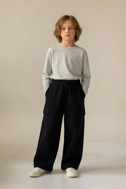 Pantalon Noir Cargo Ample Garçon Molletonné Chaud