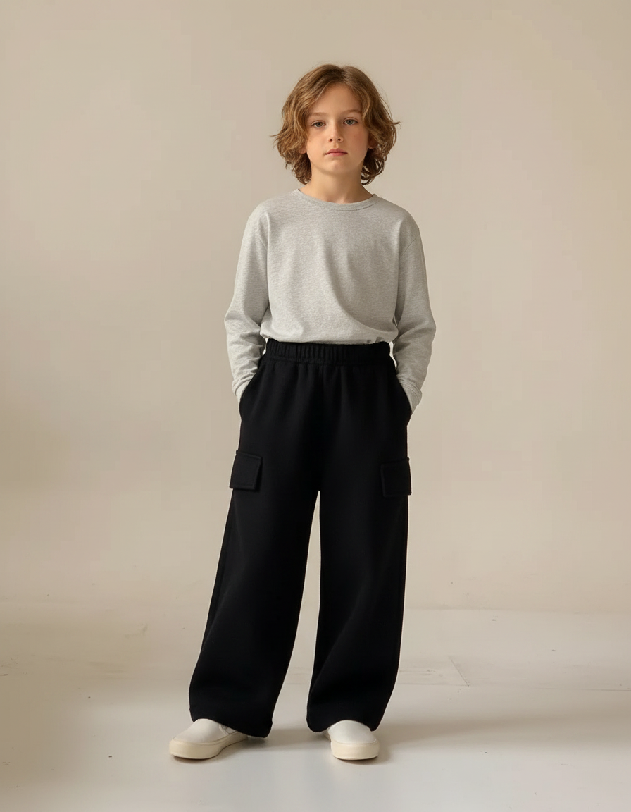 Pantalon Noir Cargo Ample Garçon Molletonné Chaud