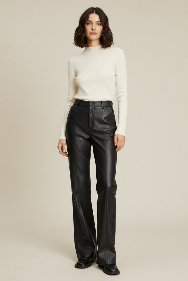 Pantalon Noir Cuir Ample Droit Élégant Femme