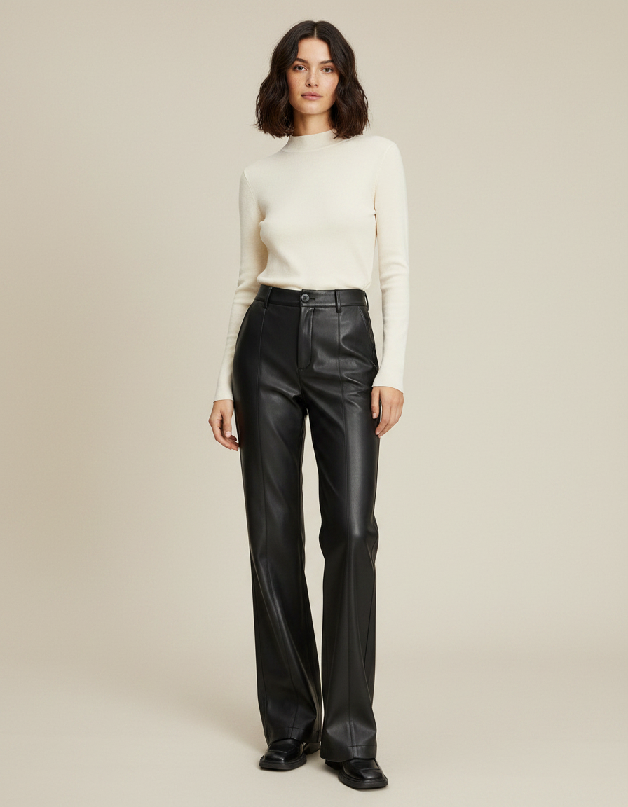 Pantalon Noir Cuir Ample Droit Élégant Femme