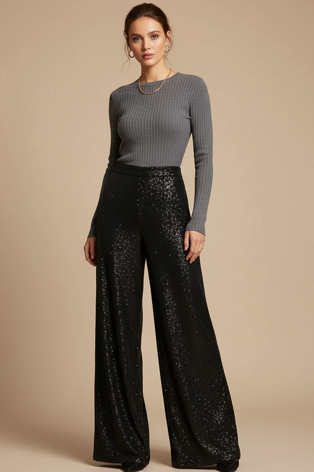 Pantalon Noir Paillettes Large Évasé Femme Élégant - Polyester