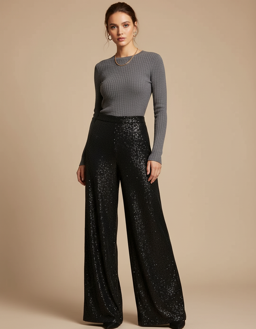 Pantalon Noir Paillettes Large Évasé Femme Élégant - Polyester