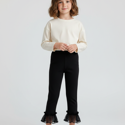 Pantalon Noir Évasé Volants Dentelle Fille Doux - Maille