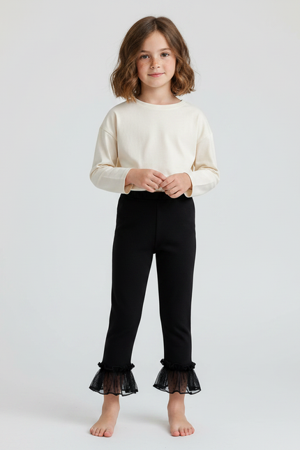 Pantalon Noir Évasé Volants Dentelle Fille Doux - Maille