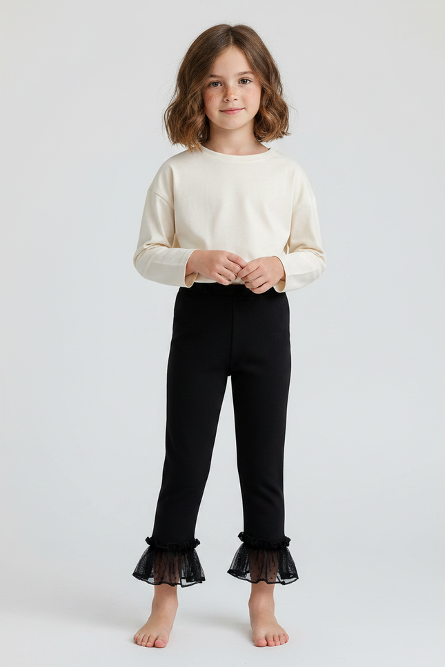 Pantalon Noir Évasé Volants Dentelle Fille Doux - Maille