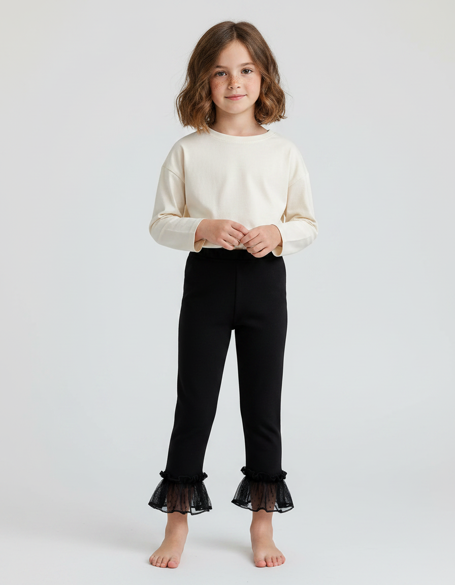 Pantalon Noir Évasé Volants Dentelle Fille Doux - Maille
