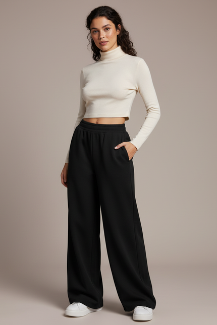 Pantalon Noir Ample Confortable Taille Haute Décontracté - Molleton