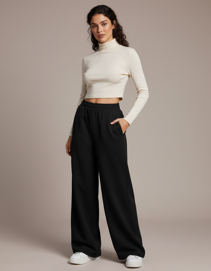 Pantalon Noir Ample Confortable Taille Haute Décontracté - Molleton
