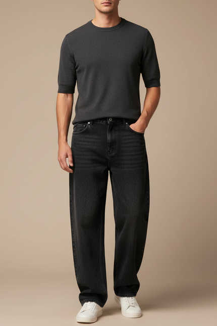 Pantalon Noir Jeans Ample Décontracté Homme