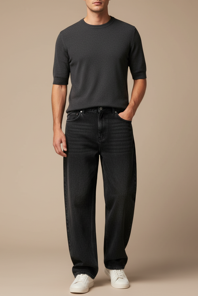 Pantalon Noir Jeans Ample Décontracté Homme