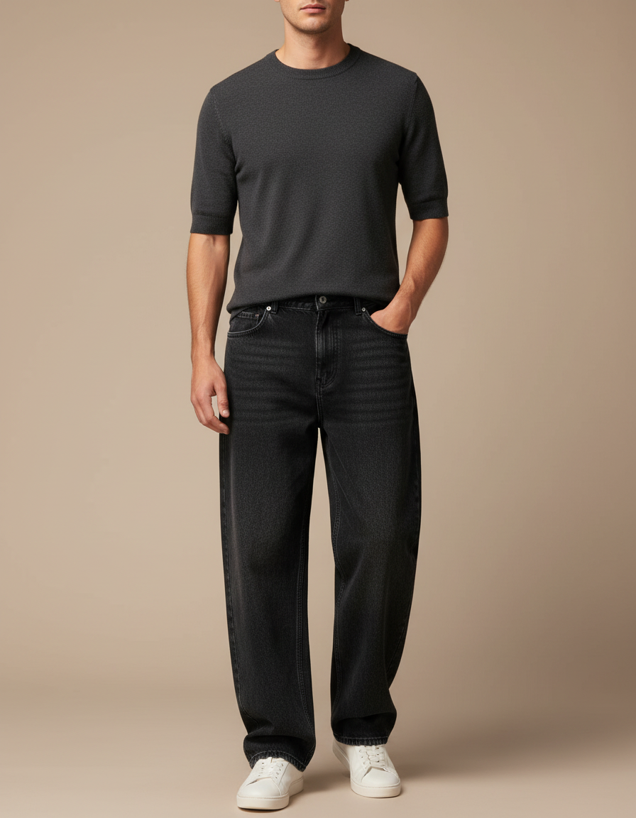 Pantalon Noir Jeans Ample Décontracté Homme