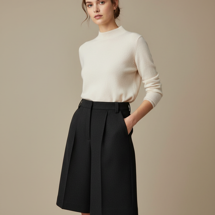 Pantalon Noir Laine Plissé Bermuda Élégant Femme