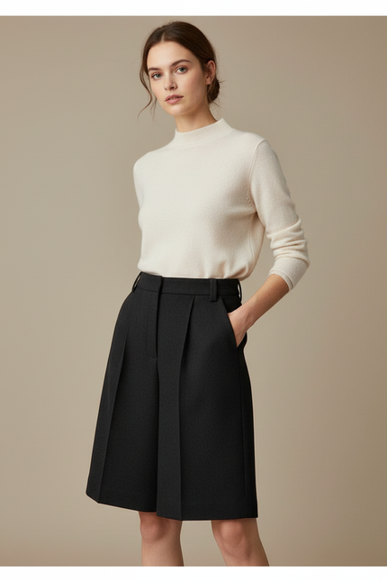 Pantalon Noir Laine Plissé Bermuda Élégant Femme