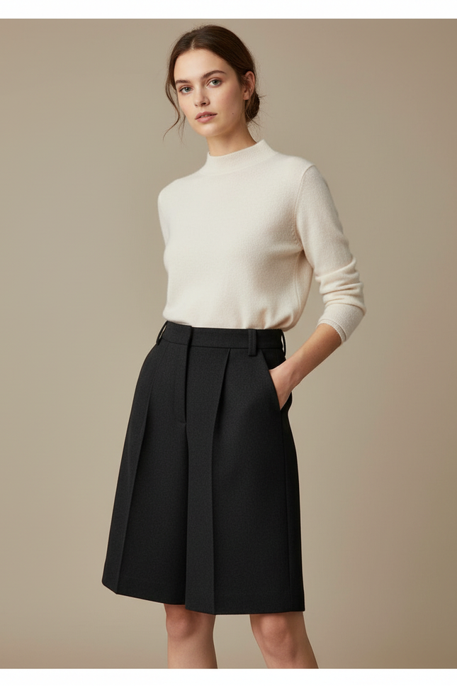 Pantalon Noir Laine Plissé Bermuda Élégant Femme