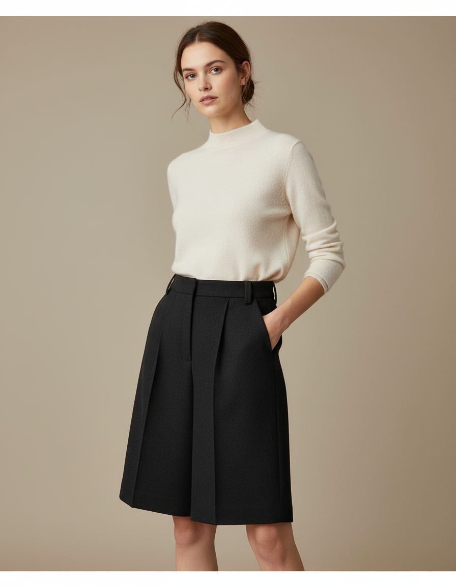 Pantalon Noir Laine Plissé Bermuda Élégant Femme