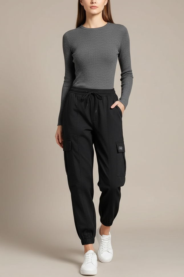 Pantalon Noir Cargo Cordon Femme Décontracté Cheville - Polyester