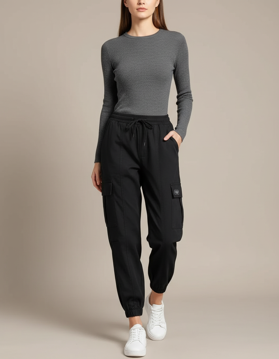 Pantalon Noir Cargo Cordon Femme Décontracté Cheville - Polyester