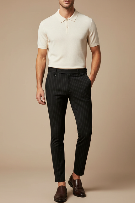 Pantalon Noir Rayures Fines Slim Habillé Homme - Laine