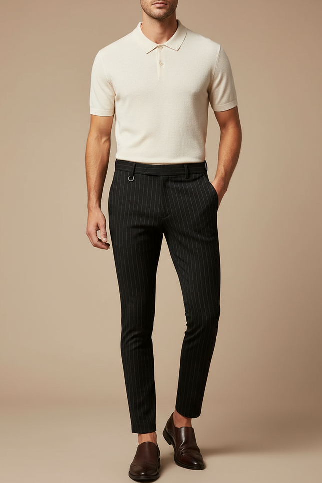 Pantalon Noir Rayures Fines Slim Habillé Homme - Laine