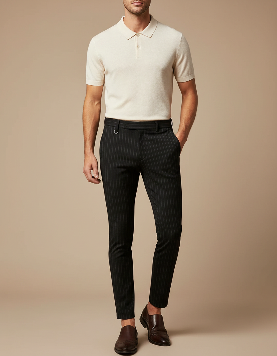 Pantalon Noir Rayures Fines Slim Habillé Homme - Laine