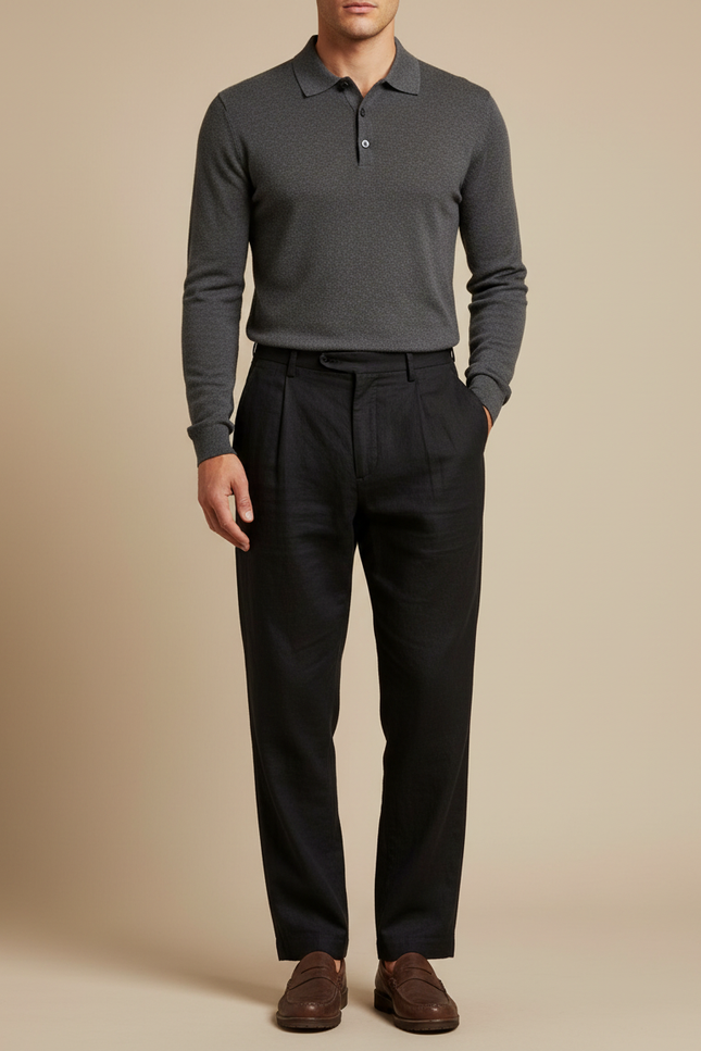 Pantalon Noir Lin Plissé Droit Décontracté Homme