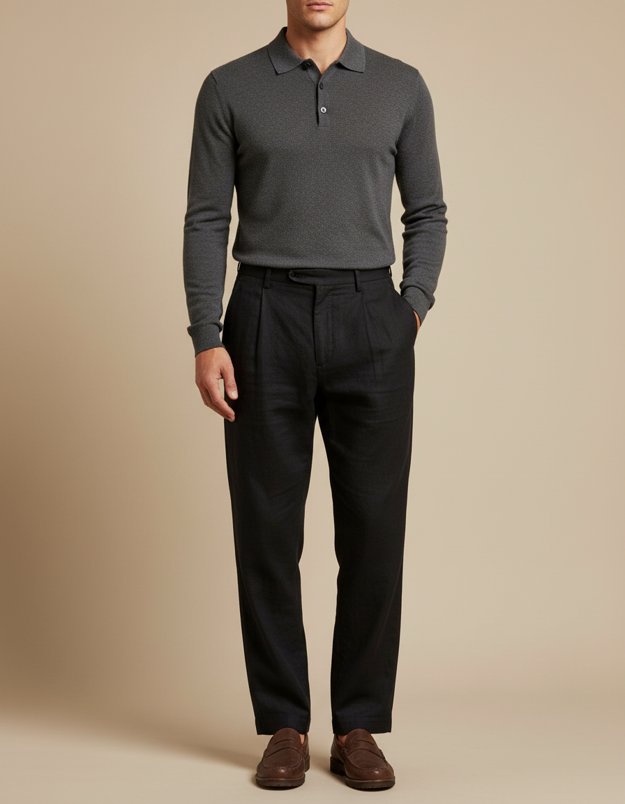 Pantalon Noir Lin Plissé Droit Décontracté Homme
