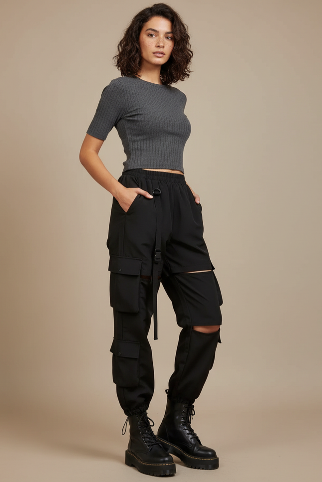 Pantalon Noir Cargo Streetwear Femme Déchiré - Polyester