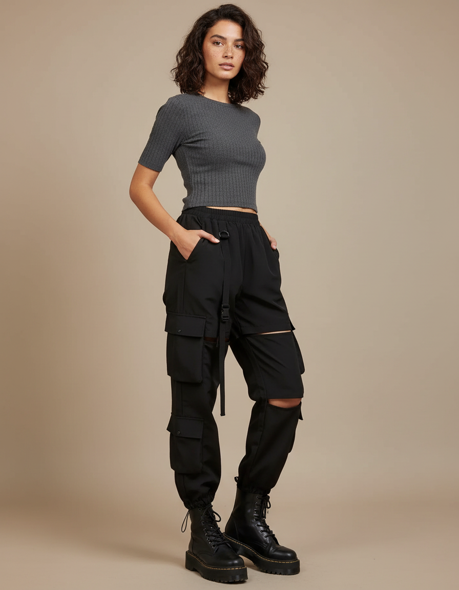 Pantalon Noir Cargo Streetwear Femme Déchiré - Polyester