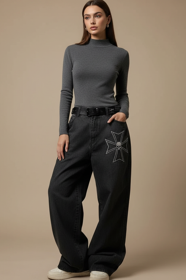 Pantalon Noir Large Brodé Croix Gothique Décontracté - Jean