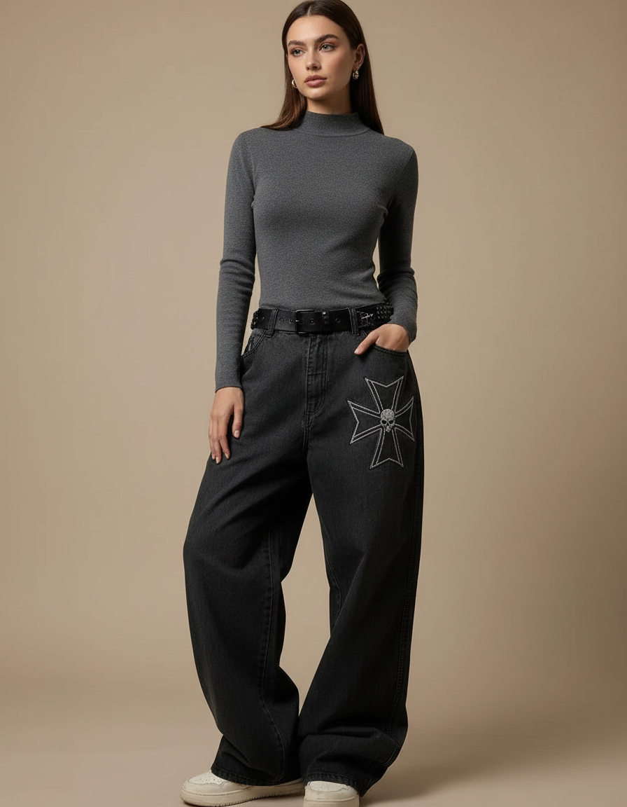Pantalon Noir Large Brodé Croix Gothique Décontracté - Jean