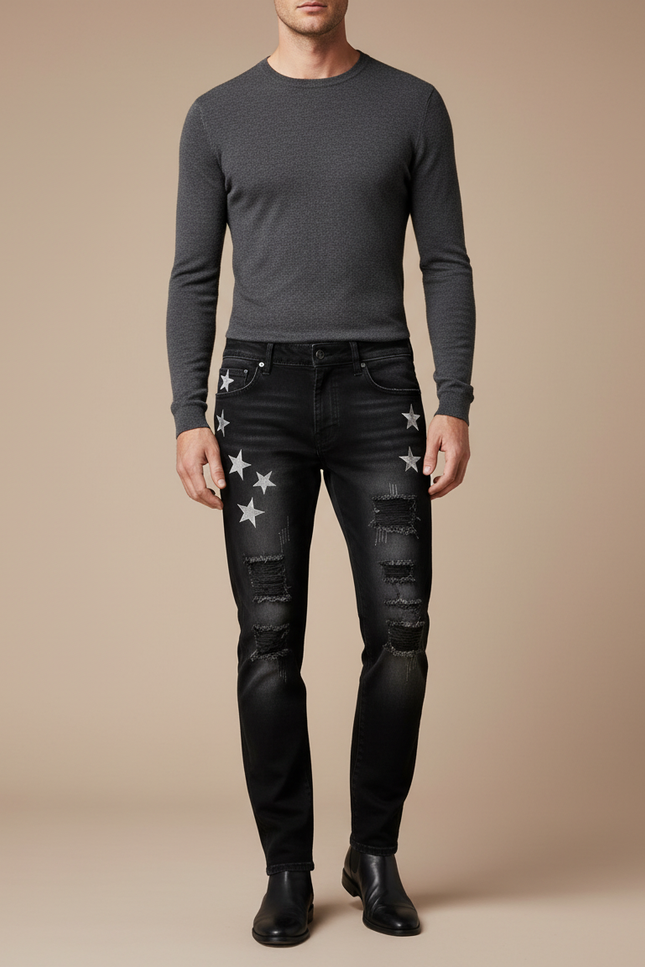 Pantalon Noir Étoiles Argentées Jean Ripped Homme