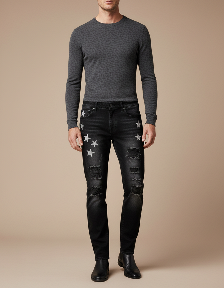 Pantalon Noir Étoiles Argentées Jean Ripped Homme