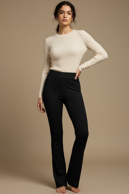 Pantalon Noir Côtelé Évasé Ajusté Extensible Femme - Maille