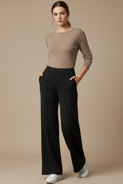 Pantalon Noir Droit Fluide Décontracté Femme - Maille