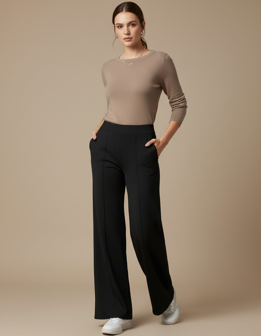 Pantalon Noir Droit Fluide Décontracté Femme - Maille