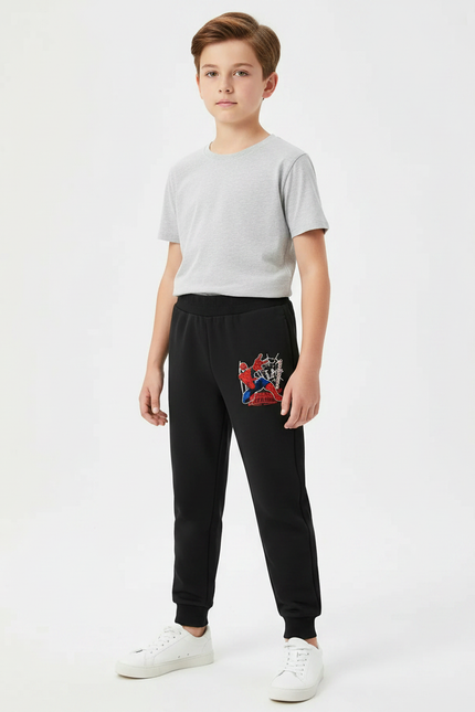 Pantalon Noir Garçon Spiderman Sport Jogger Coton - Molleton