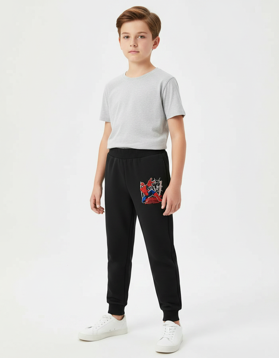 Pantalon Noir Garçon Spiderman Sport Jogger Coton - Molleton