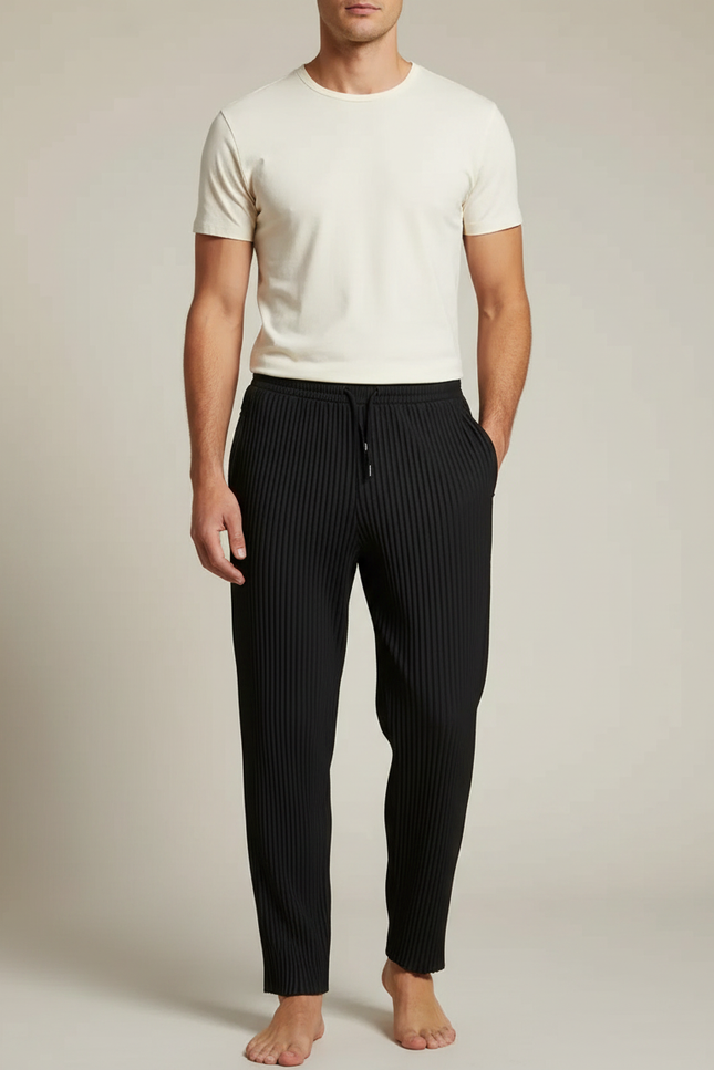 Pantalon Noir Plissé Droit Décontracté Cordon Homme - Polyester